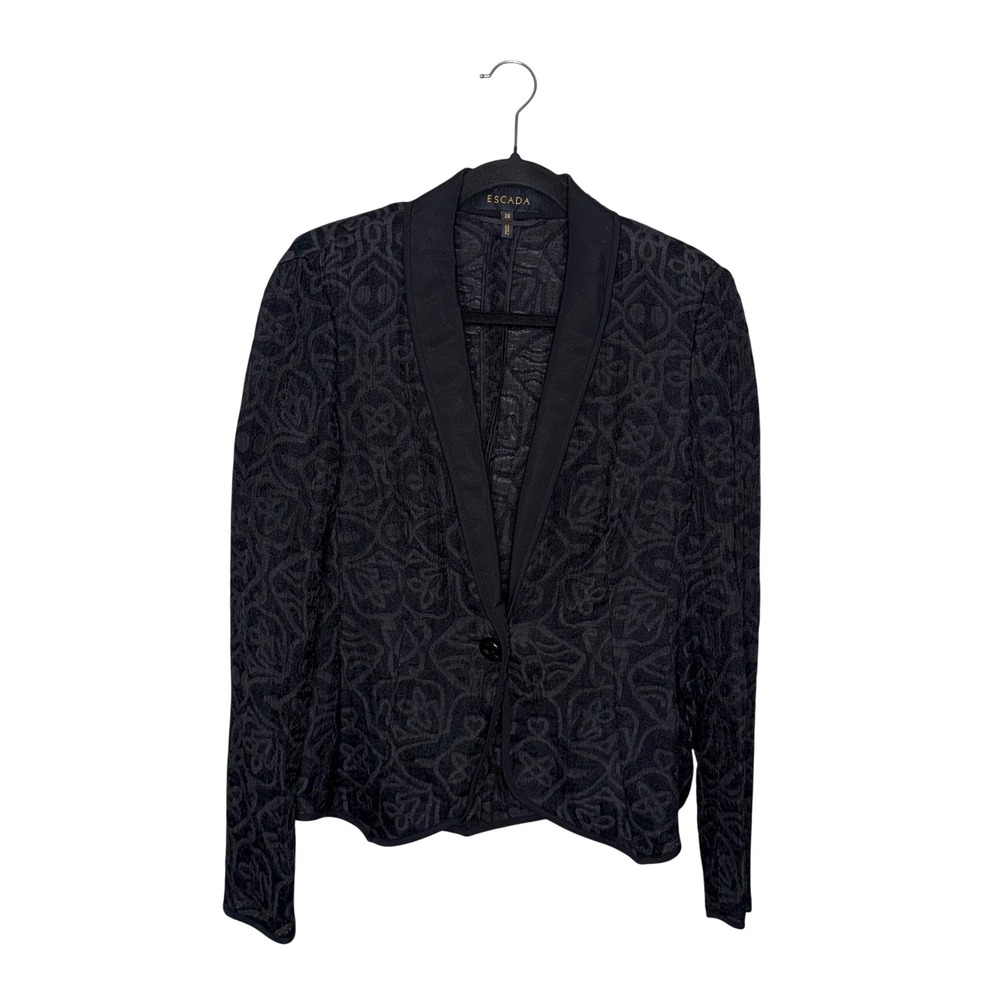 Escada Blazer Women 38 Black Excellent Damask Jacquard Silk Trim Shawl Collar